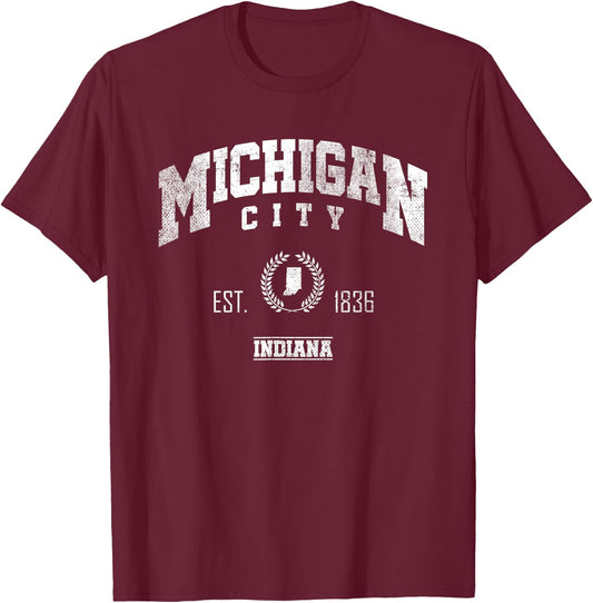 Michigan City IN | Indiana Throwback Sports T-Shirt - T-Shirt | Maroon