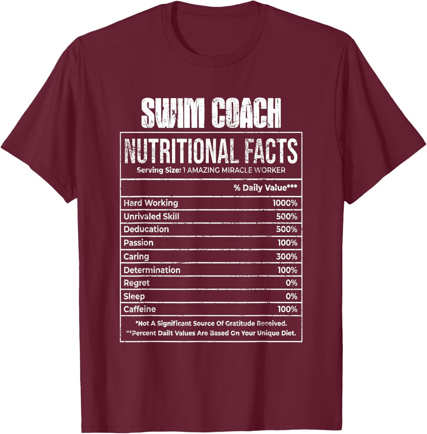 Nutritional Facts Swim Coach Job Tittle T-Shirt - T-Shirt | Maroon