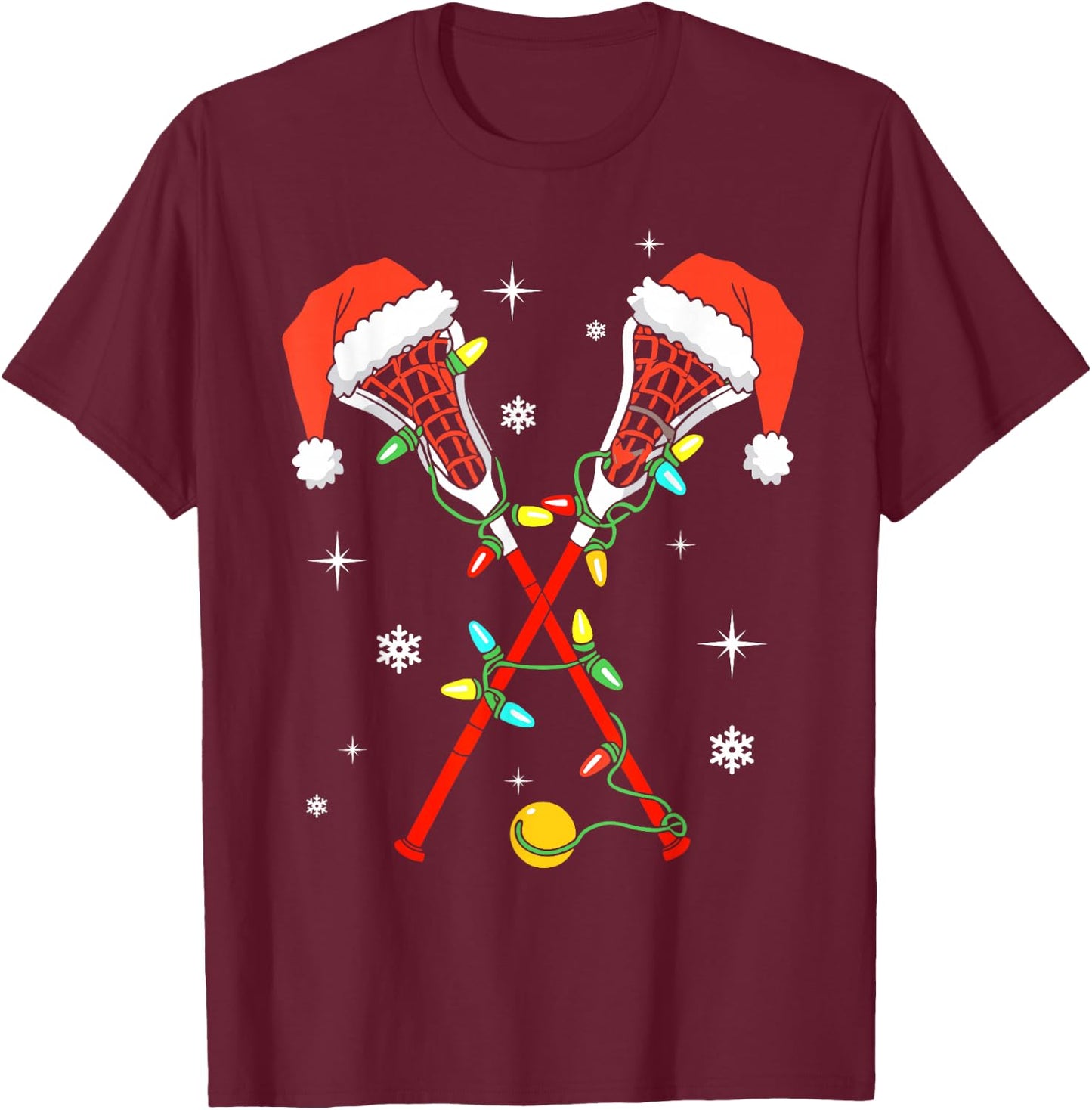 Lacrosse Player Xmas Lights Santa Hat Lacrosse Christmas T-Shirt - T-Shirt | Maroon