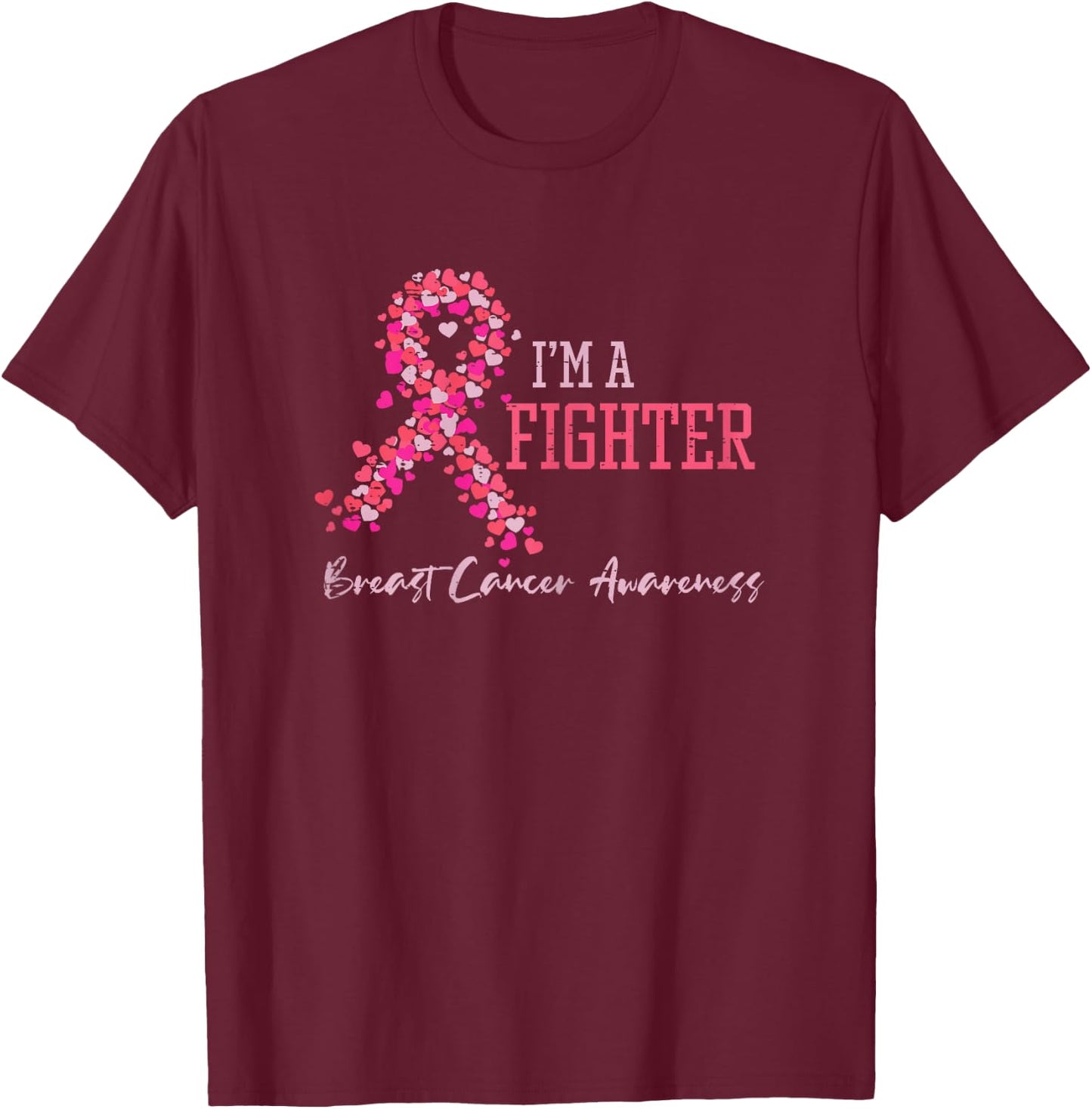 Fighter Pink Ribbon Hearts Breast Cancer Awareness Women T-Shirt - T-Shirt | Maroon