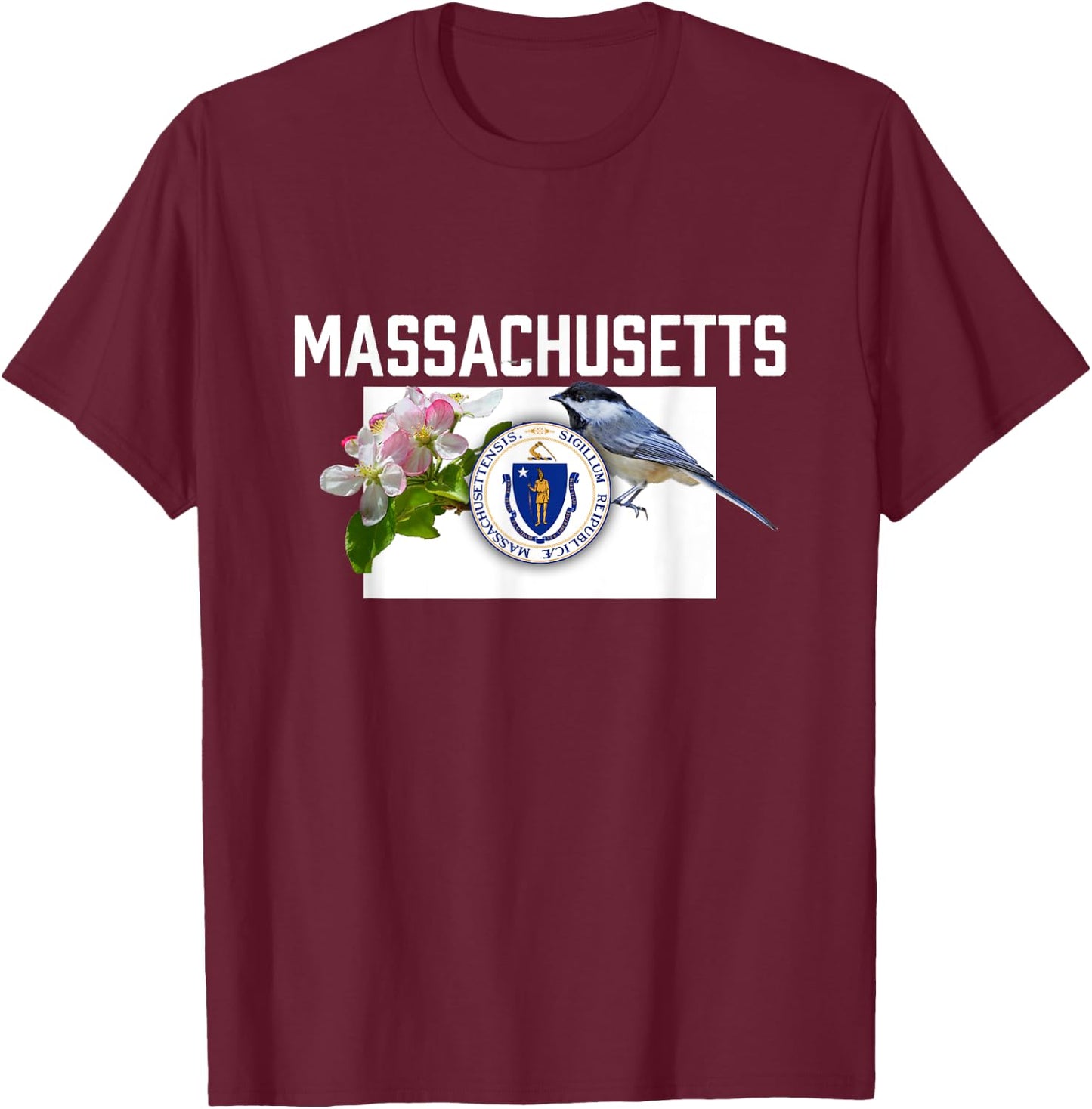 Massachusetts US State Flag With State Bird & Flower T-Shirt - T-Shirt | Maroon