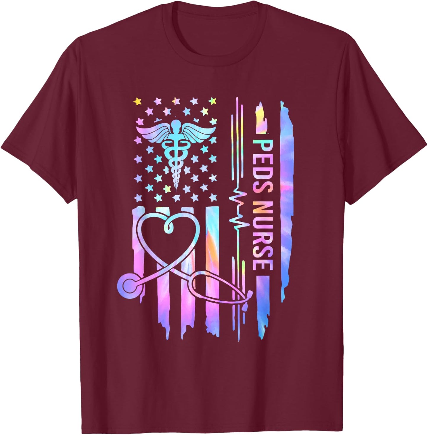 Pediatric Nurse PEDS Nursing Appreciation Pediatric USA Flag T-Shirt - T-Shirt | Maroon