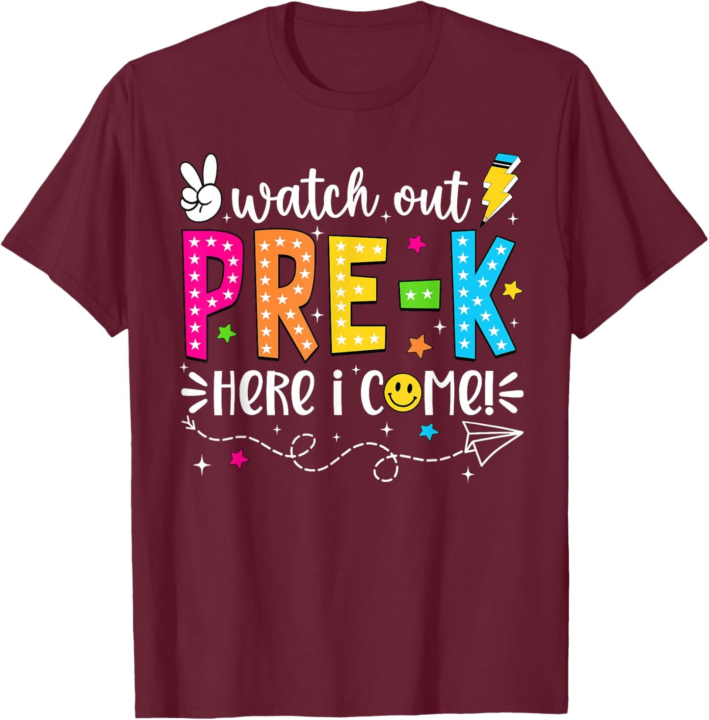 Watch Out Pre-K Here I Come Back To School Boys Girls Kids T-Shirt - T-Shirt | Maroon
