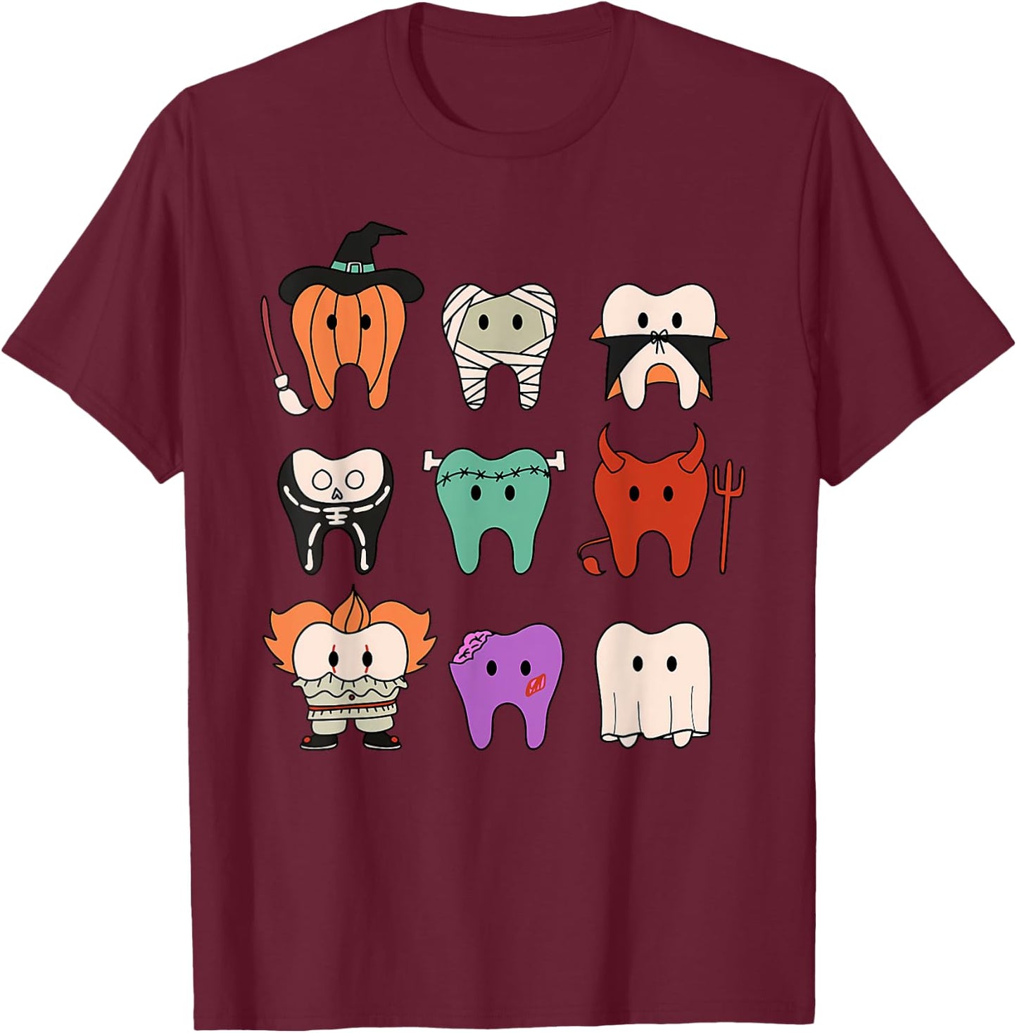 Funny Cute Dental Hygiene Monsters Teeth Squad Halloween T-Shirt - T-Shirt | Maroon
