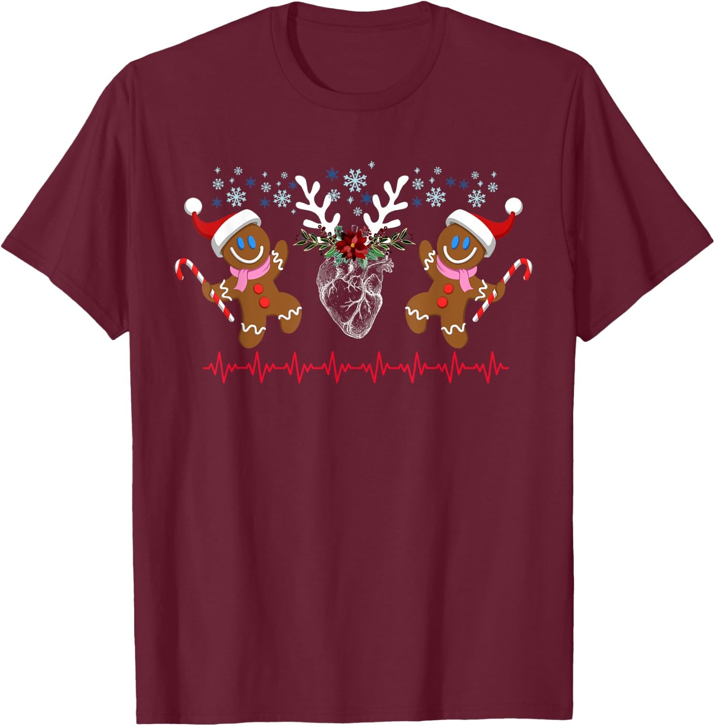 Floral Heart Reindeer Gingerbread Christmas Cardiac Nurse T-Shirt - T-Shirt | Maroon
