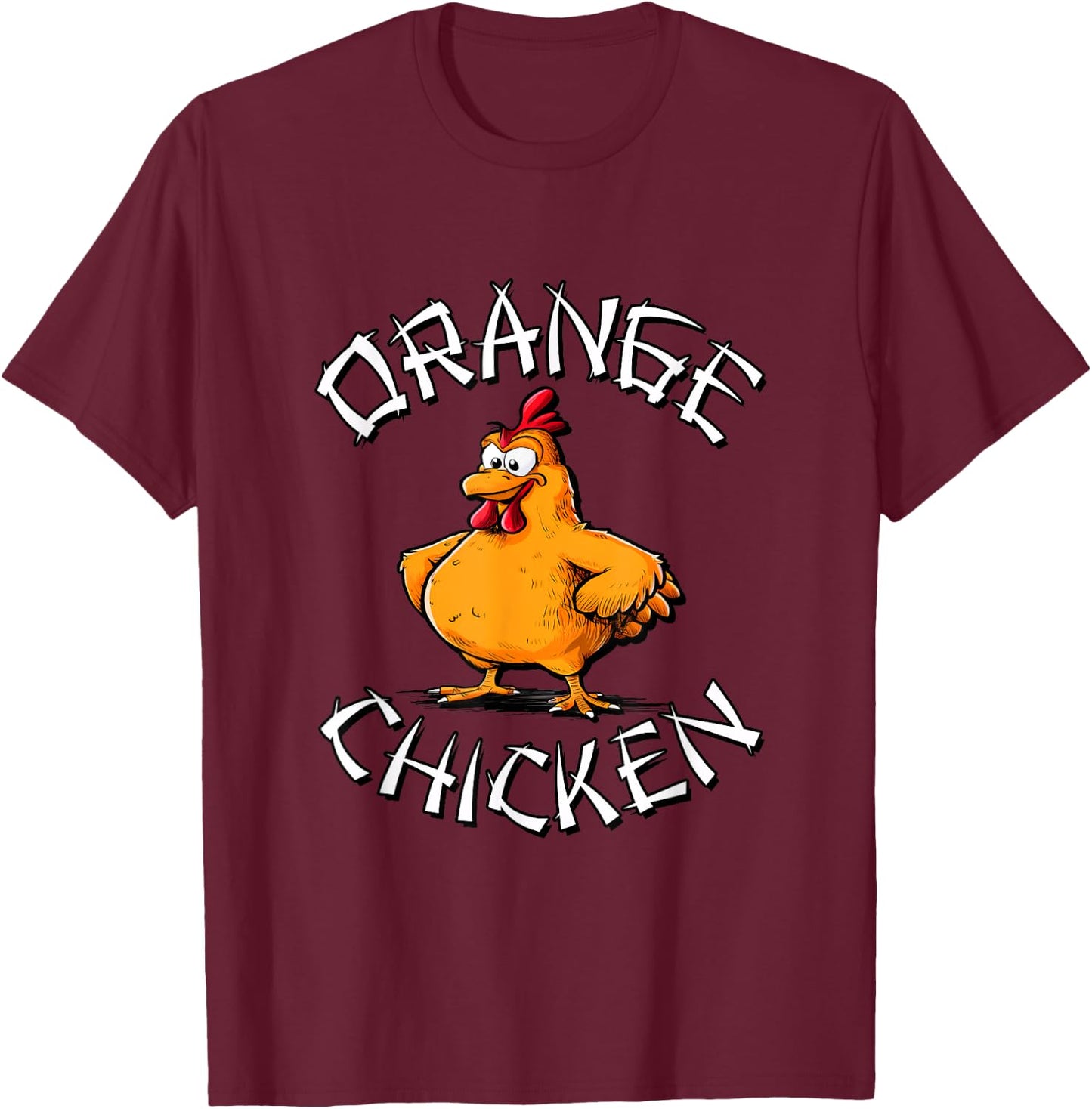 Redds Threads Orange Chicken -Adults Black Small Short Sleeve Classic Fit 100% Polyester Fun Cartoon Mandarin Collar Modern Unique Graphic Design T-Shirt - T-Shirt | Maroon