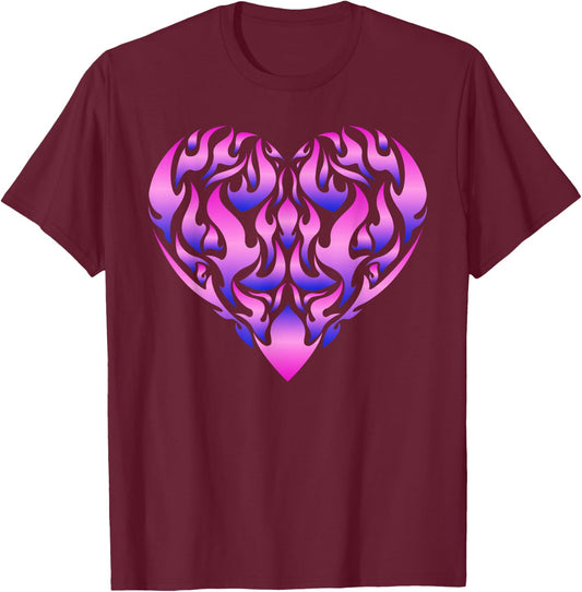 Aesthetic Flaming Heart Purple Pink Fire Flame Lovers T-Shirt - T-Shirt | Maroon