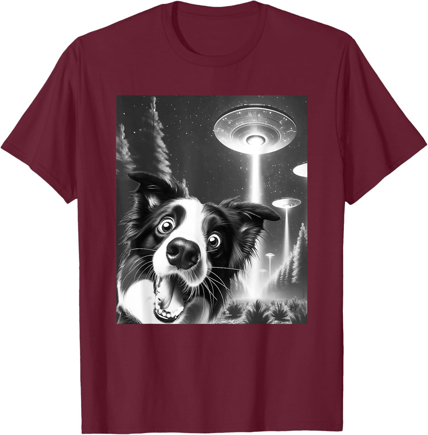 Funny Border Collie Alien UFO Taking a Selfie Dog Mom Dad Men Women Girls Kids T-Shirt - T-Shirt | Maroon