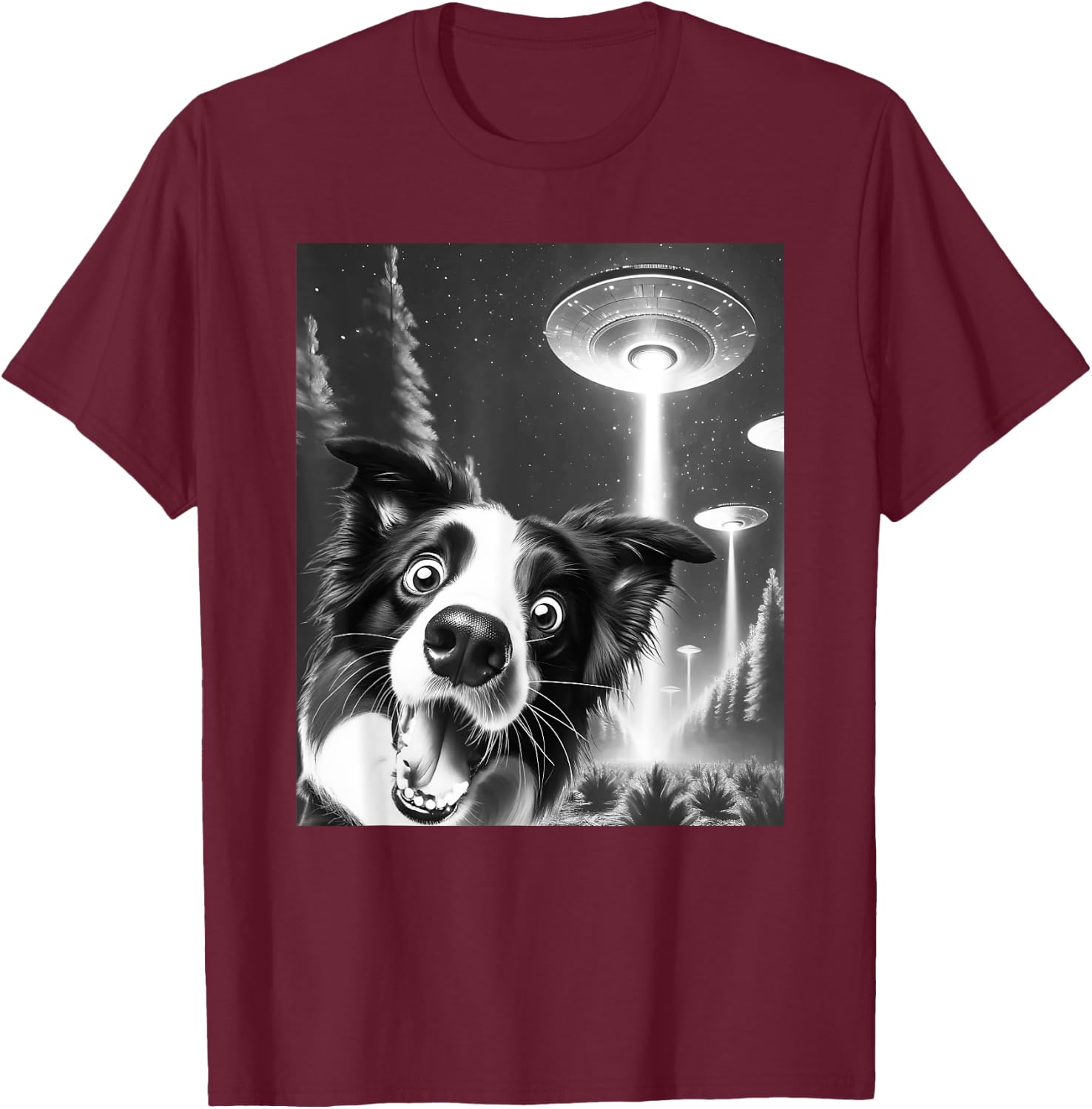 Funny Border Collie Alien UFO Taking a Selfie Dog Mom Dad Men Women Girls Kids T-Shirt - T-Shirt | Maroon
