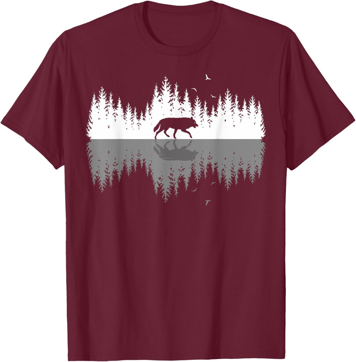Trees Reflection Wolf Wildlife Forest Nature Animal Outdoor T-Shirt - T-Shirt | Maroon