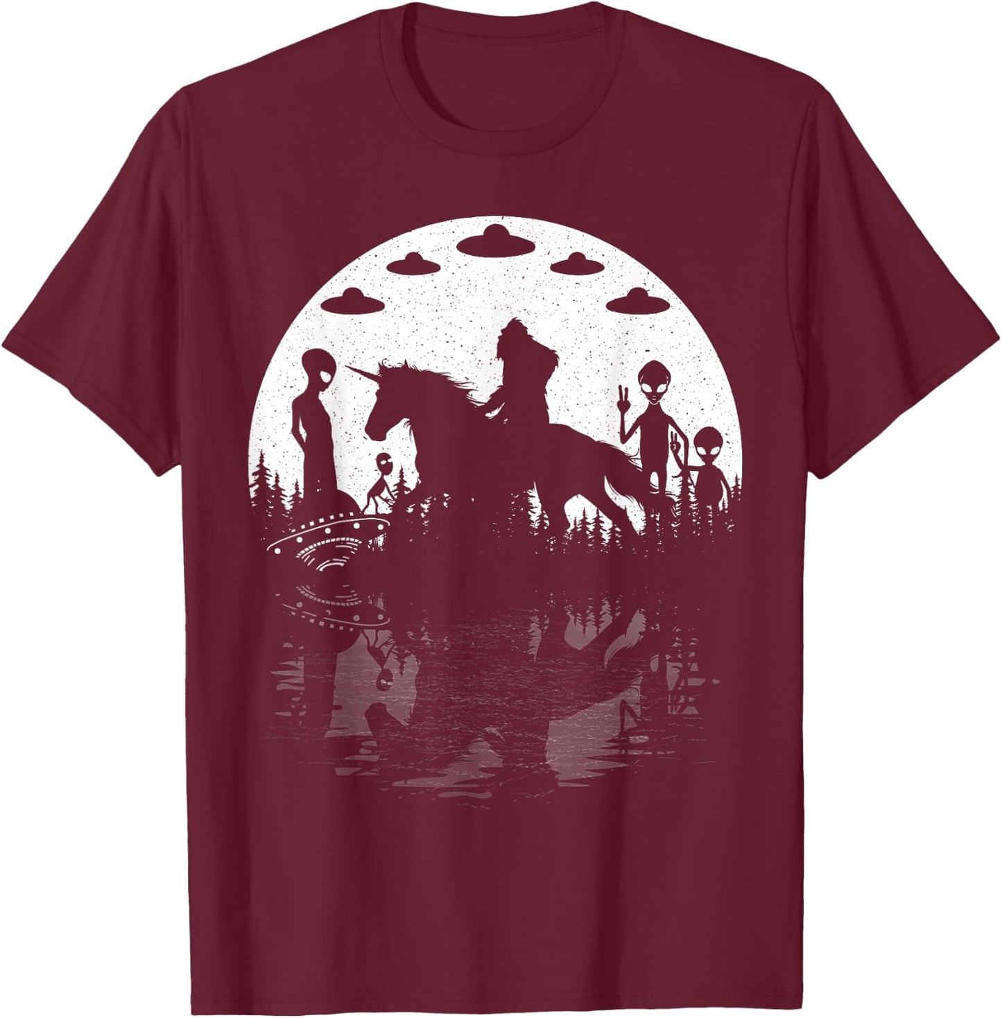 Bigfoot Riding Unicorn! Funny Sasquatch Ufo Cryptid Aliens T-Shirt - T-Shirt | Maroon