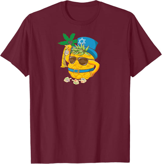 Funny Tropical Hanukkah Pineapple w Dreidel Palm Tree T-Shirt - T-Shirt | Maroon