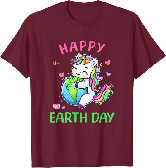 Cute Unicorn Happy Earth Day Groovy Women Girls Kids T-Shirt - T-Shirt | Maroon