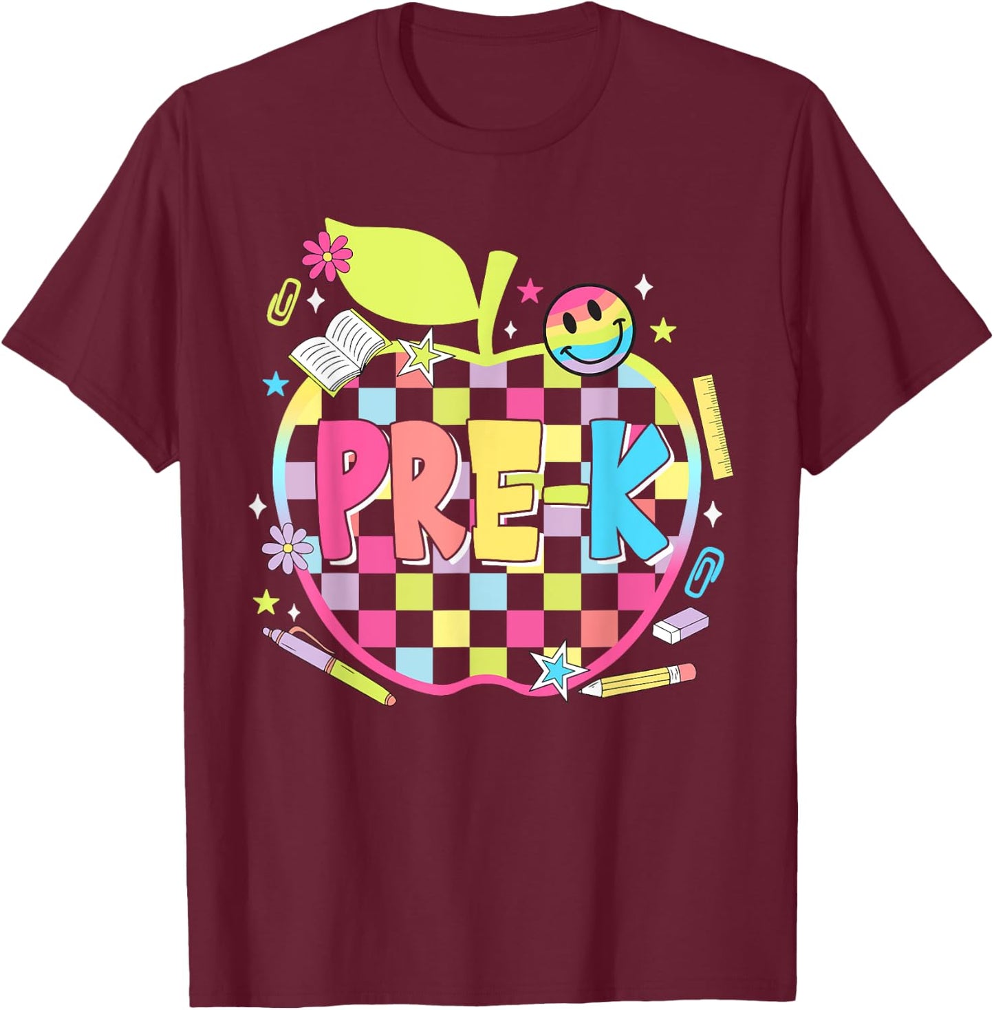 Pre-K Teachers Apples Retro Smile Face Back To School T-Shirt - T-Shirt | Maroon