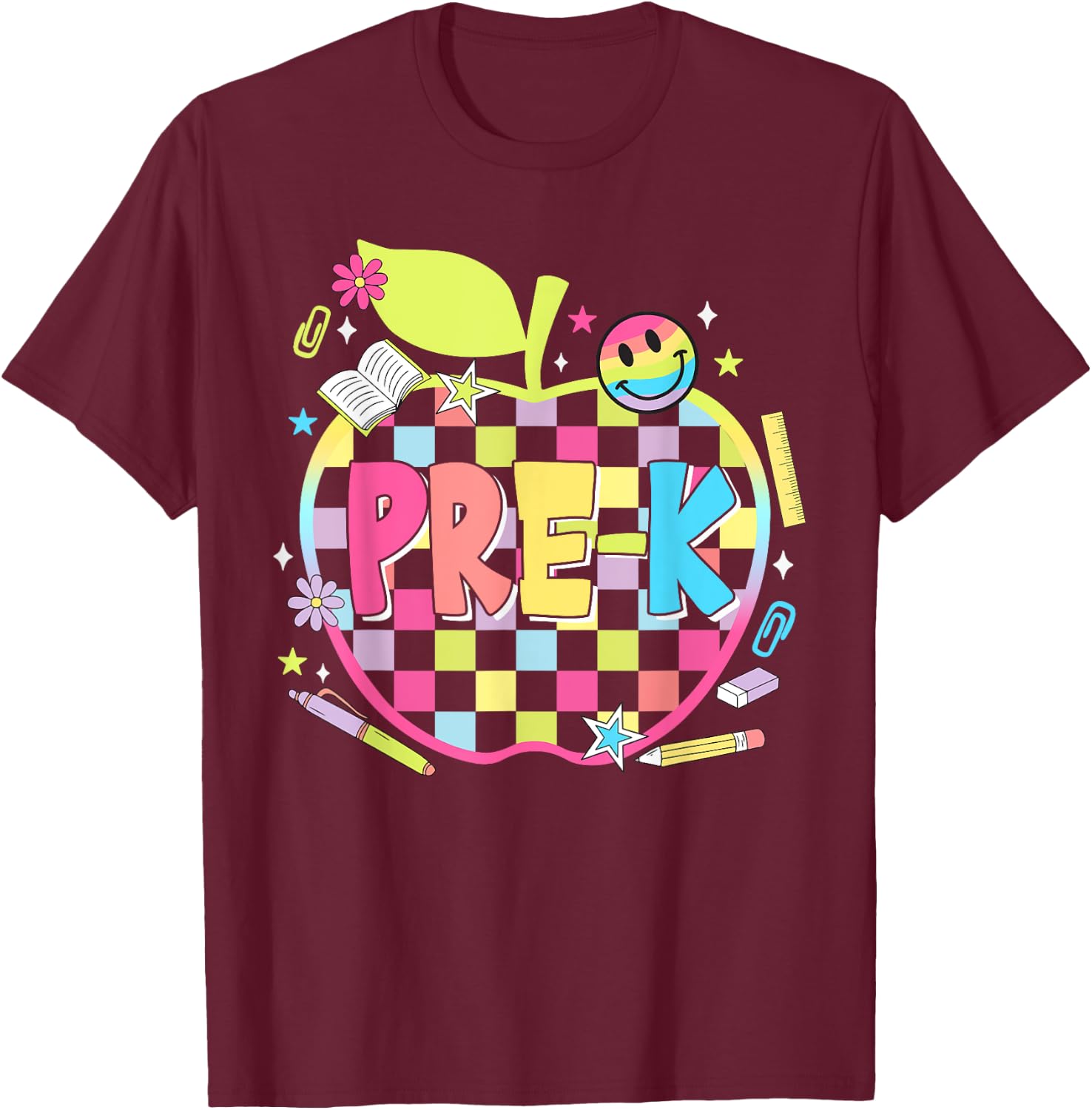 Pre-K Teachers Apples Retro Smile Face Back To School T-Shirt - T-Shirt | Maroon