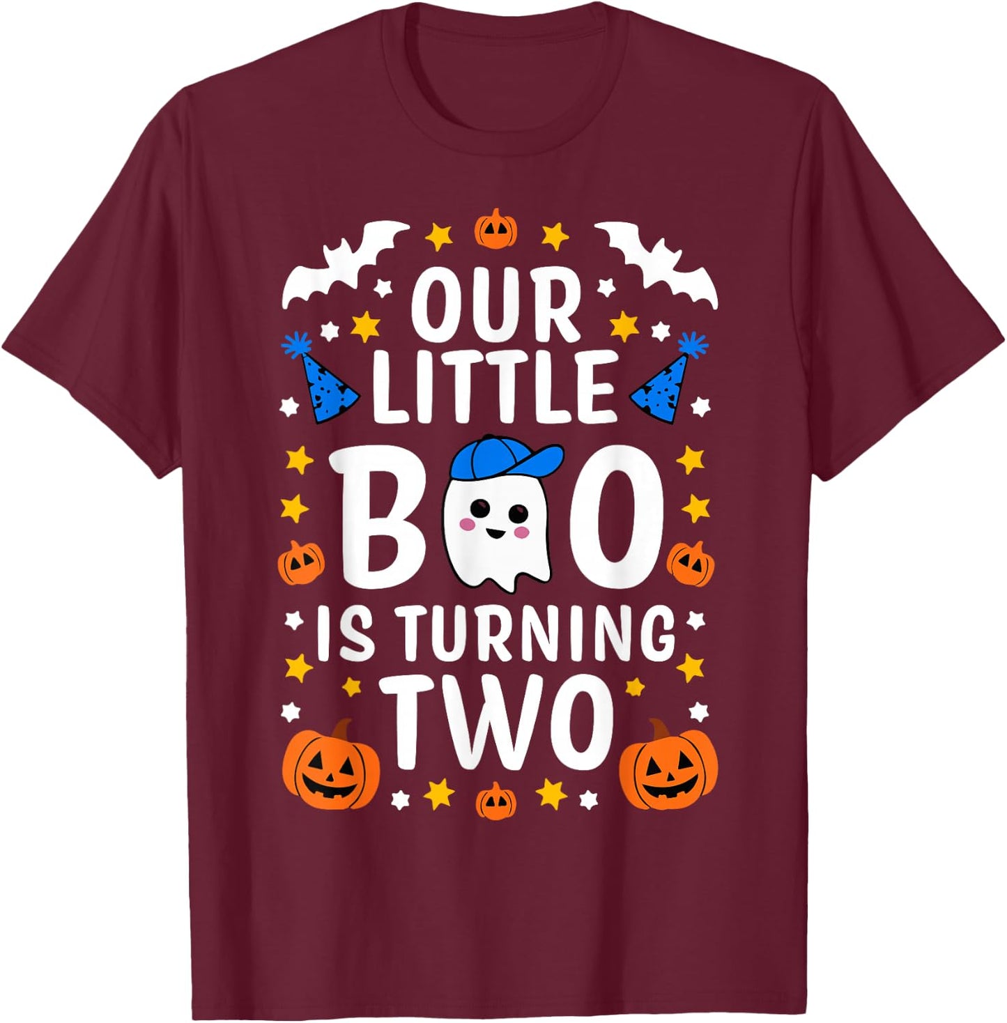 Our Little Boo Is Turning Two Yr 2nd Birthday Boy Halloween T-Shirt - T-Shirt | Maroon