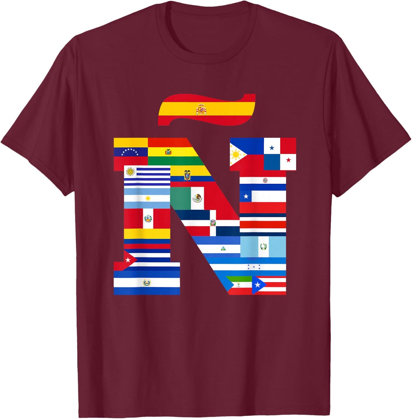 Ñ Viva la Hispanidad, Hispanic Heritage, Vibrant 'Ñ' Flag T-Shirt - T-Shirt | Maroon