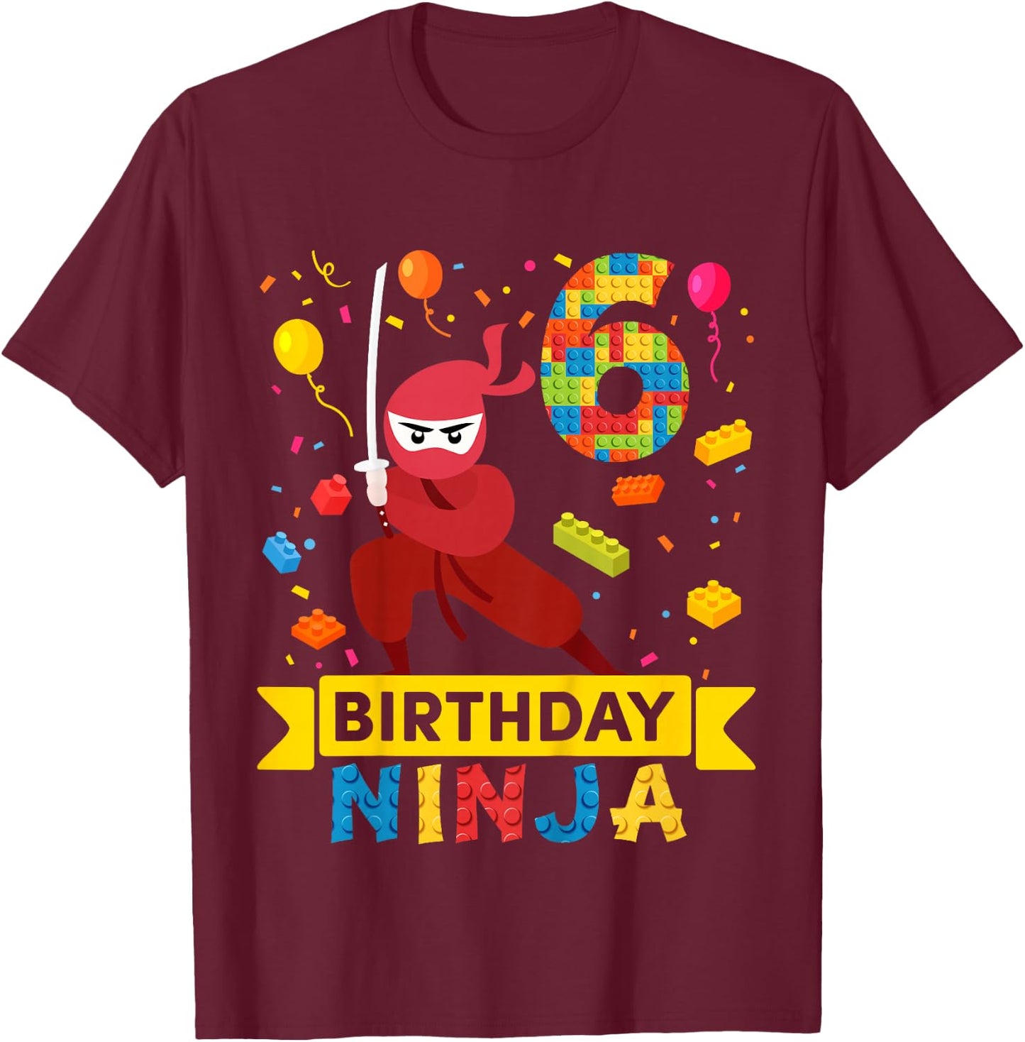 Kids 6 Year Old Building Blocks Ninja 6th Birthday Boy T-Shirt - T-Shirt | Maroon