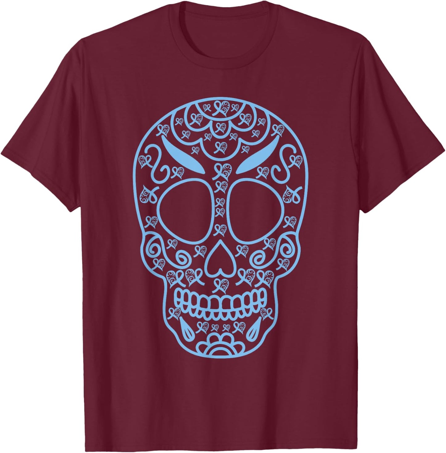 Sugar Skull Light Blue Ribbon Prostate cancer awareness supp T-Shirt - T-Shirt | Maroon