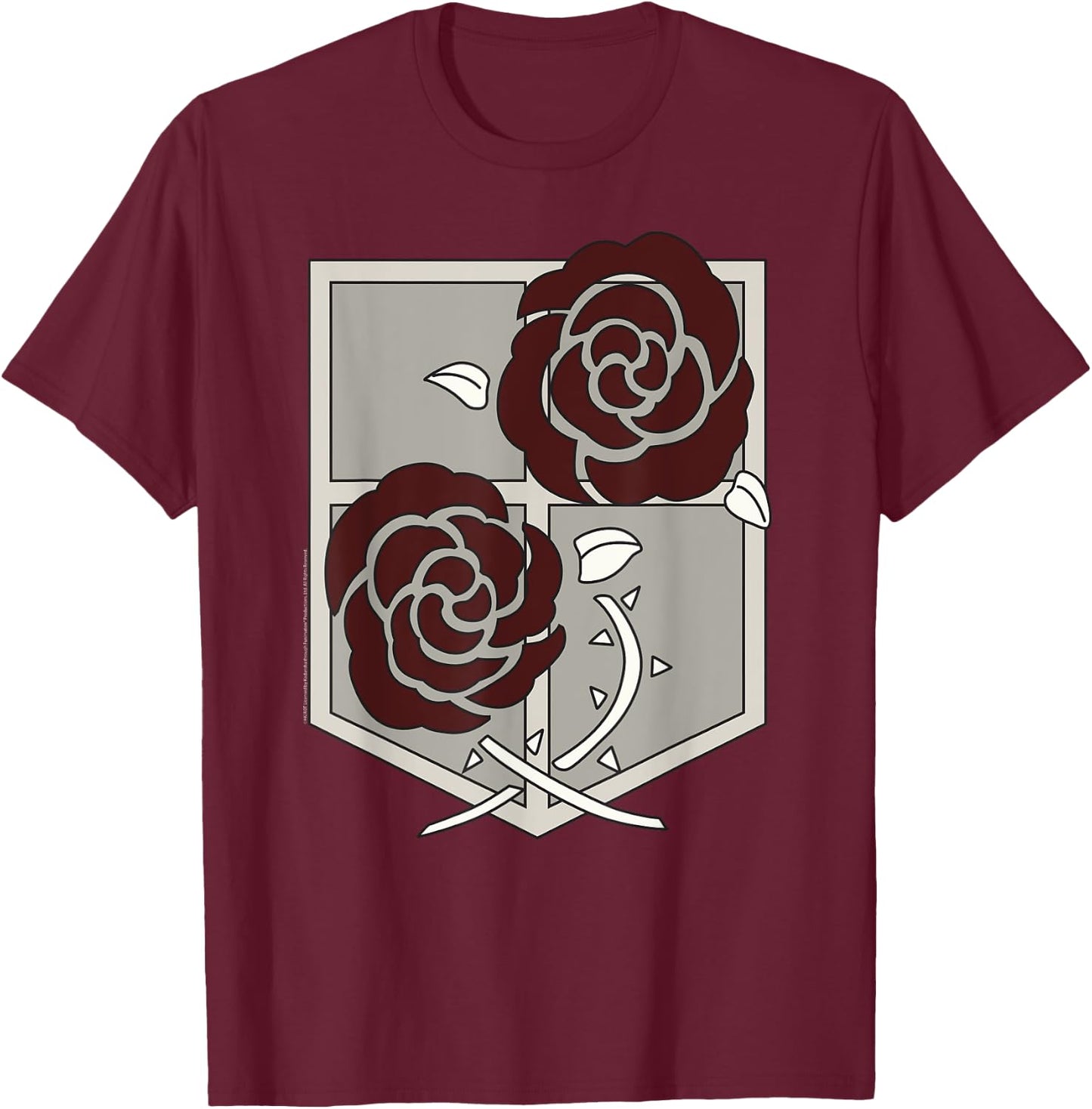 Attack on Titans Garrison Shield with Roses AOT Anime T-Shirt - T-Shirt | Maroon