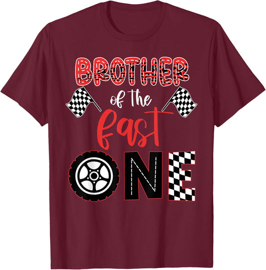 BROTHER Of The Fast One Birthday One Yers Race Car Bday T-Shirt - T-Shirt | Maroon