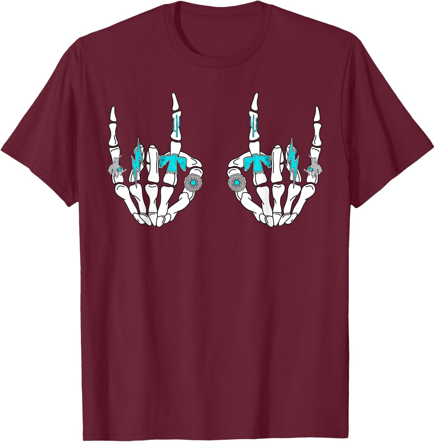 Western Rock On Skeleton Hands Rock And Roll Cowgirl Cowboy T-Shirt - T-Shirt | Maroon