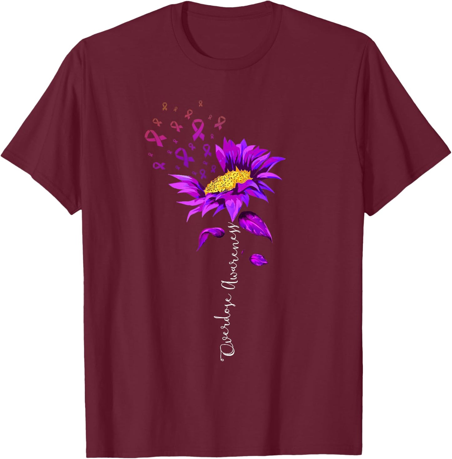 Overdose Awareness Month Sunflower Purple Ribbon T-Shirt - T-Shirt | Maroon