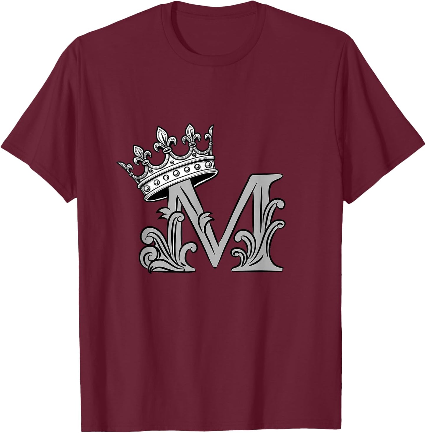 Grey Color Letter M Initial + Crown Grey Graphic T-Shirt - T-Shirt | Maroon
