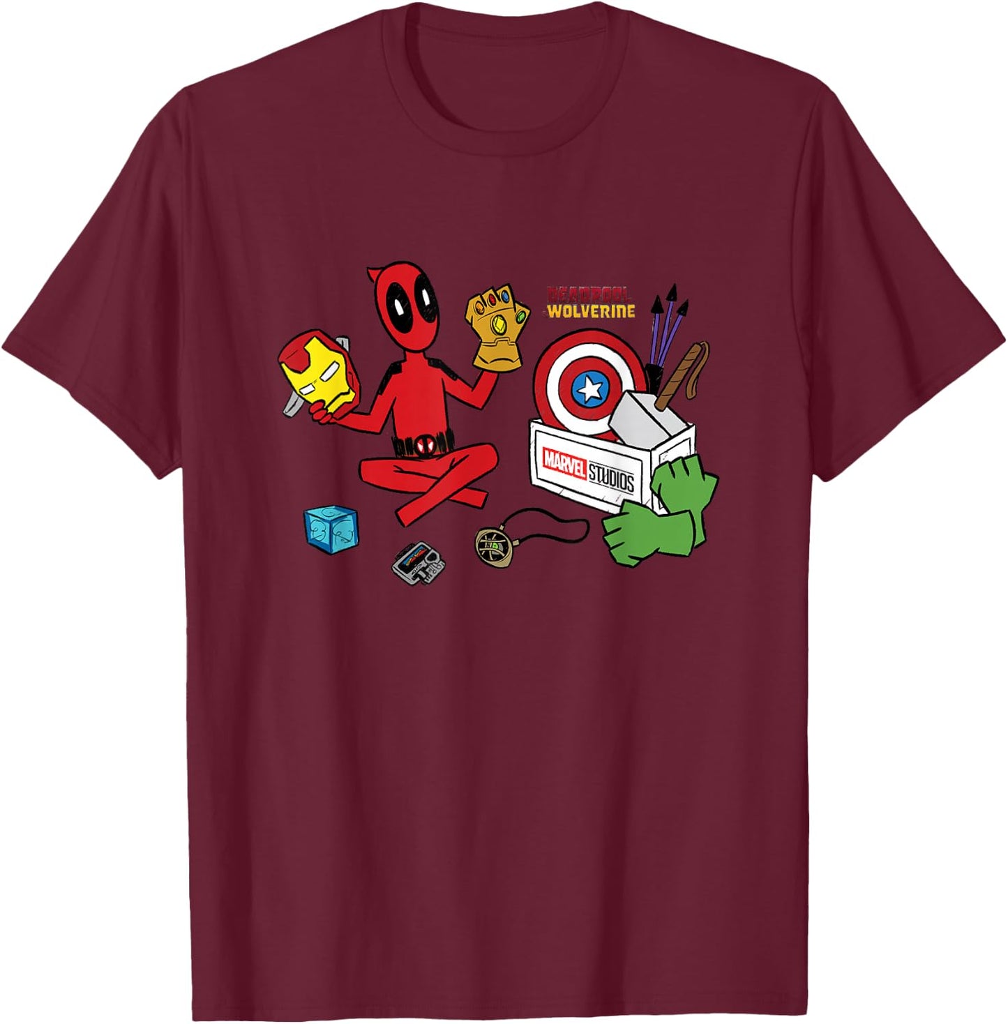 Marvel Deadpool & Wolverine Avengers Tool Box Sketch Icons T-Shirt - T-Shirt | Maroon