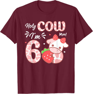 Holy Cow I'm 6 6th Birthday Outfit Girl Strawberry Cow Print T-Shirt - T-Shirt | Maroon