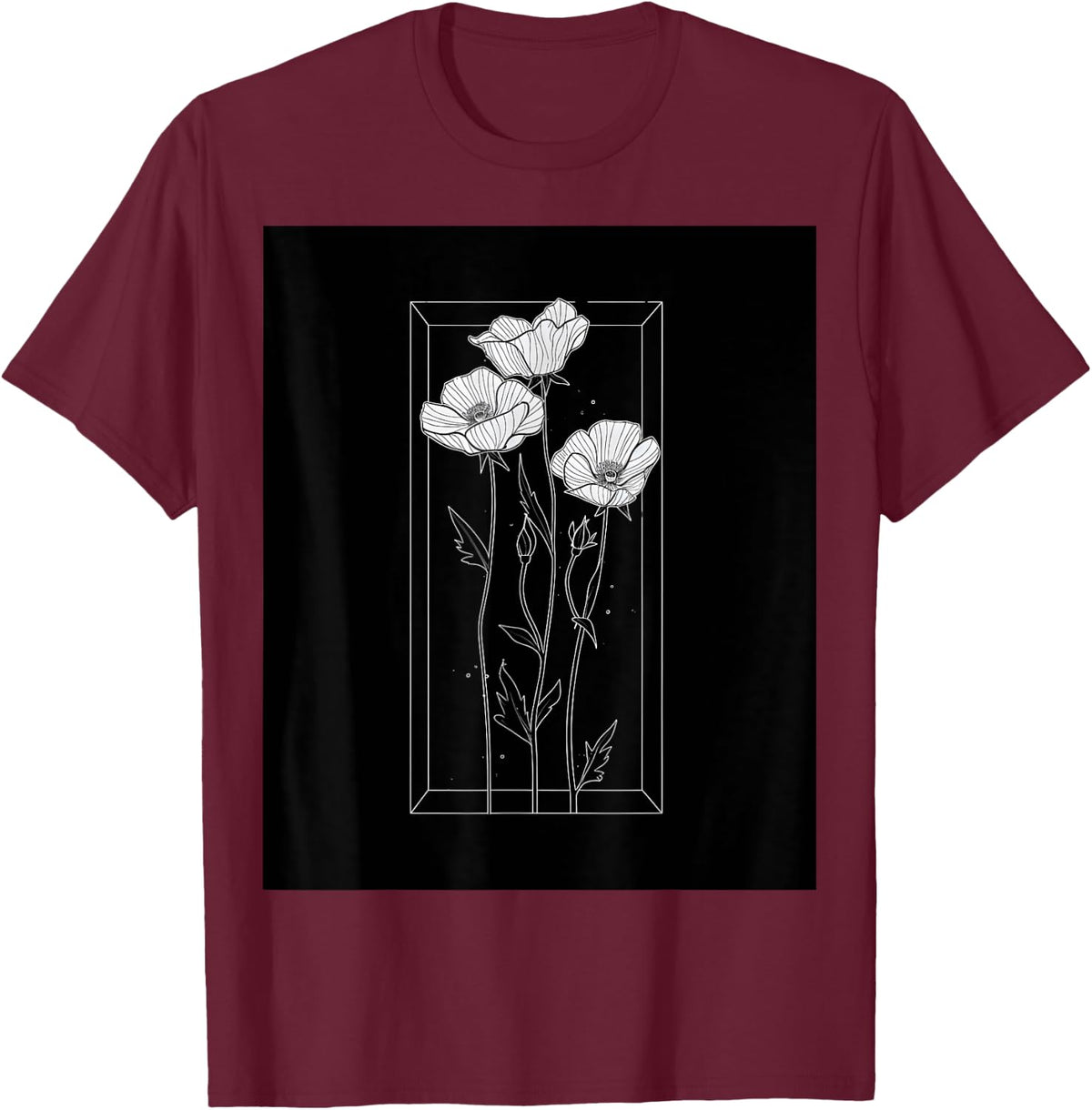Chic Florals Black and White Minimalist Flowers T-Shirt - T-Shirt | Maroon