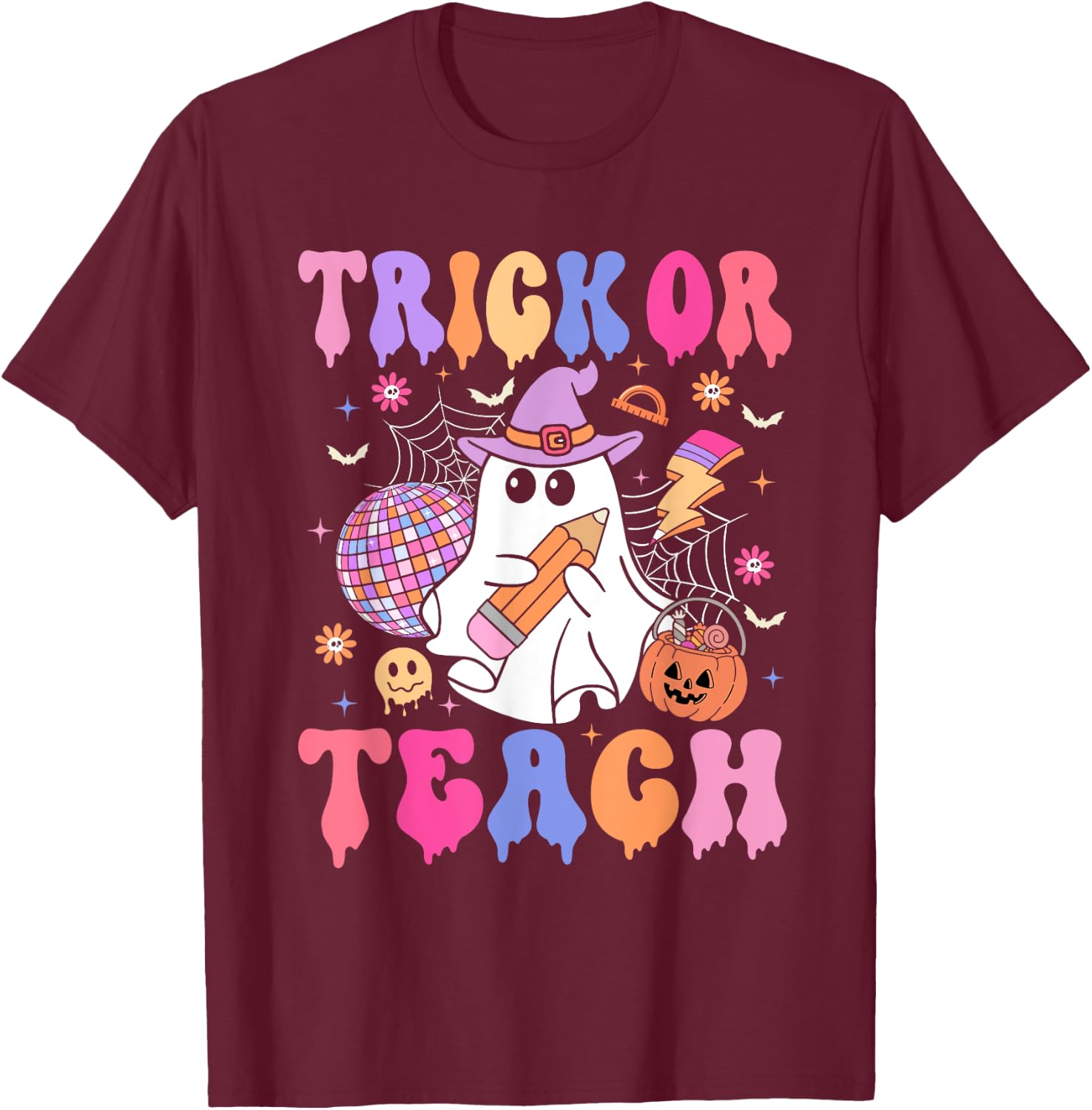 Trick Or Teach Groovy Halloween Floral Ghost Teacher T-Shirt - T-Shirt | Maroon