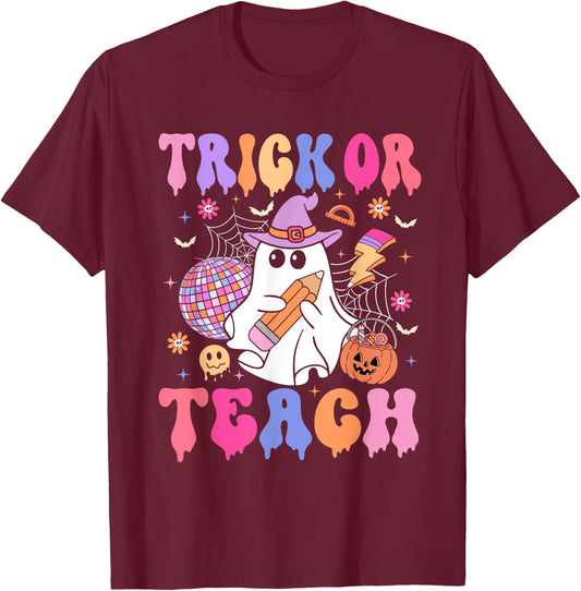 Trick Or Teach Groovy Halloween Floral Ghost Teacher T-Shirt - T-Shirt | Maroon