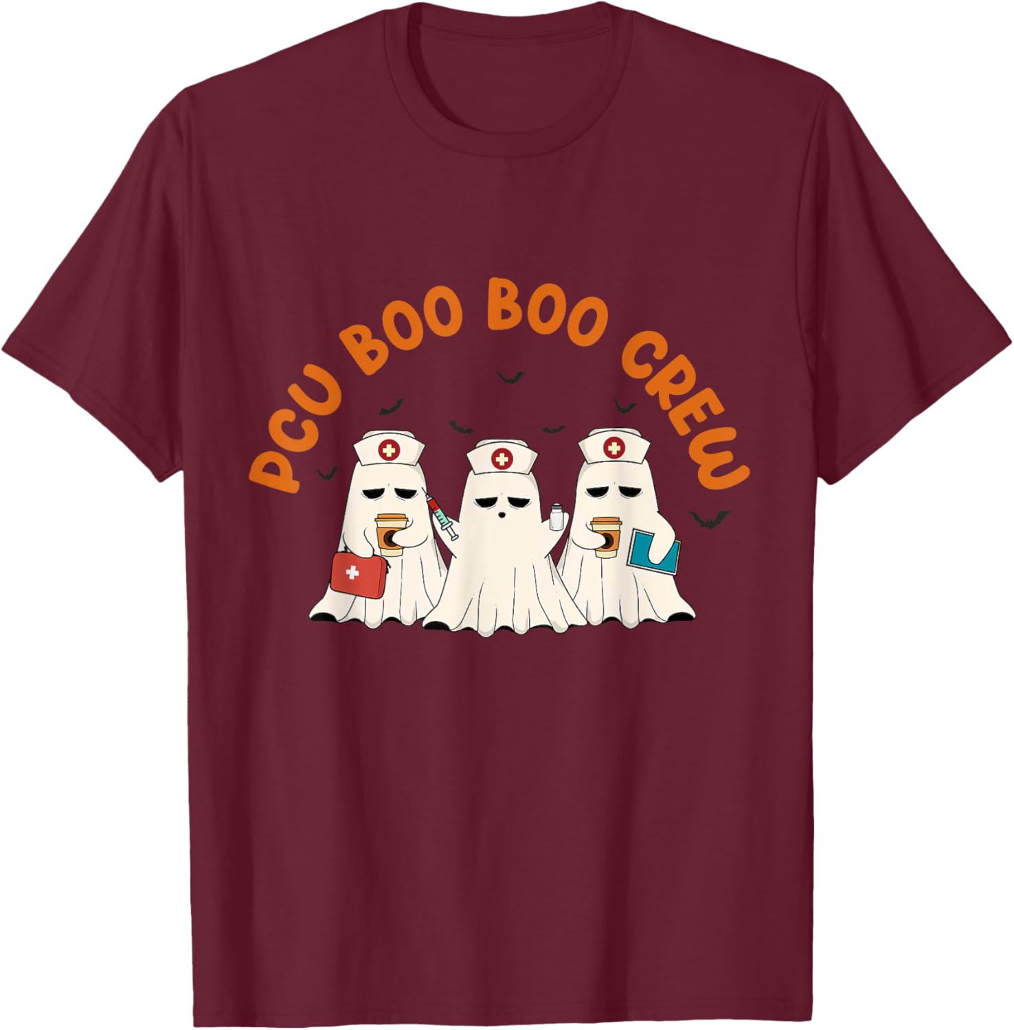 PCU Boo Boo Crew Nurse Retro Funny Ghost Halloween Scrub T-Shirt - T-Shirt | Maroon