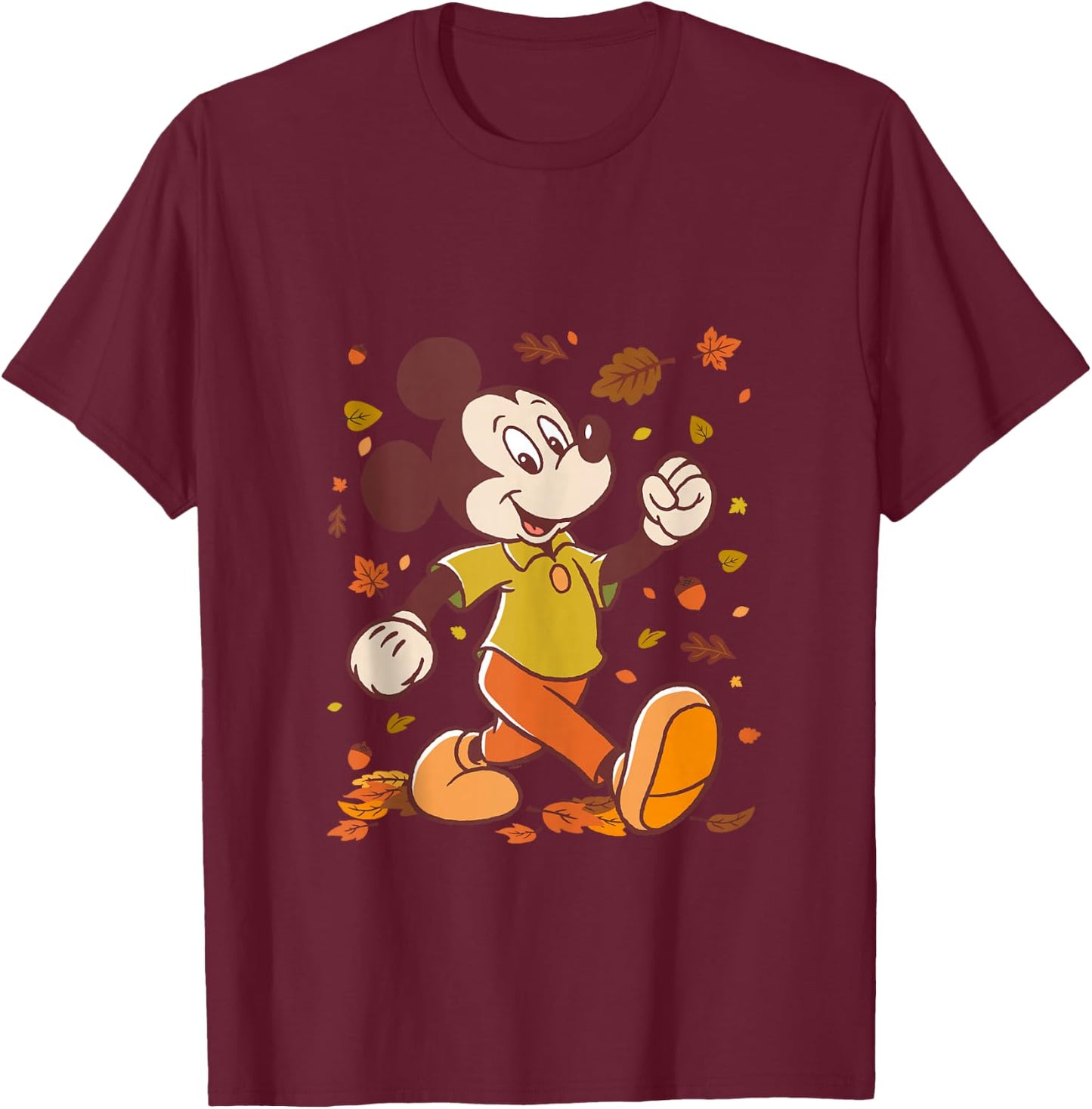 Disney Mickey Mouse Strolling Through Autumn Leaves Fall T-Shirt - T-Shirt | Maroon