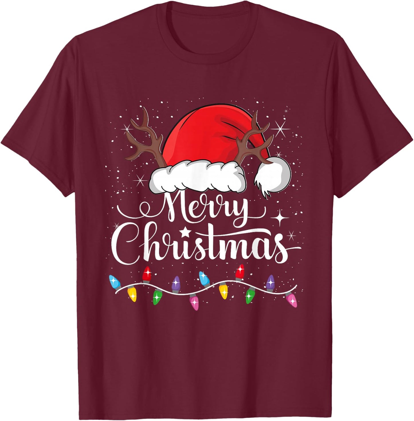 Merry Christmas Red Santa Hat Reindeer Xmas Family Men Women T-Shirt - T-Shirt | Maroon