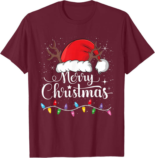 Merry Christmas Red Santa Hat Reindeer Xmas Family Men Women T-Shirt - T-Shirt | Maroon