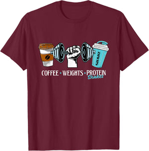 Coffee Weights Protein Shakes - Workout Gym Weightlifting T-Shirt - T-Shirt | Maroon