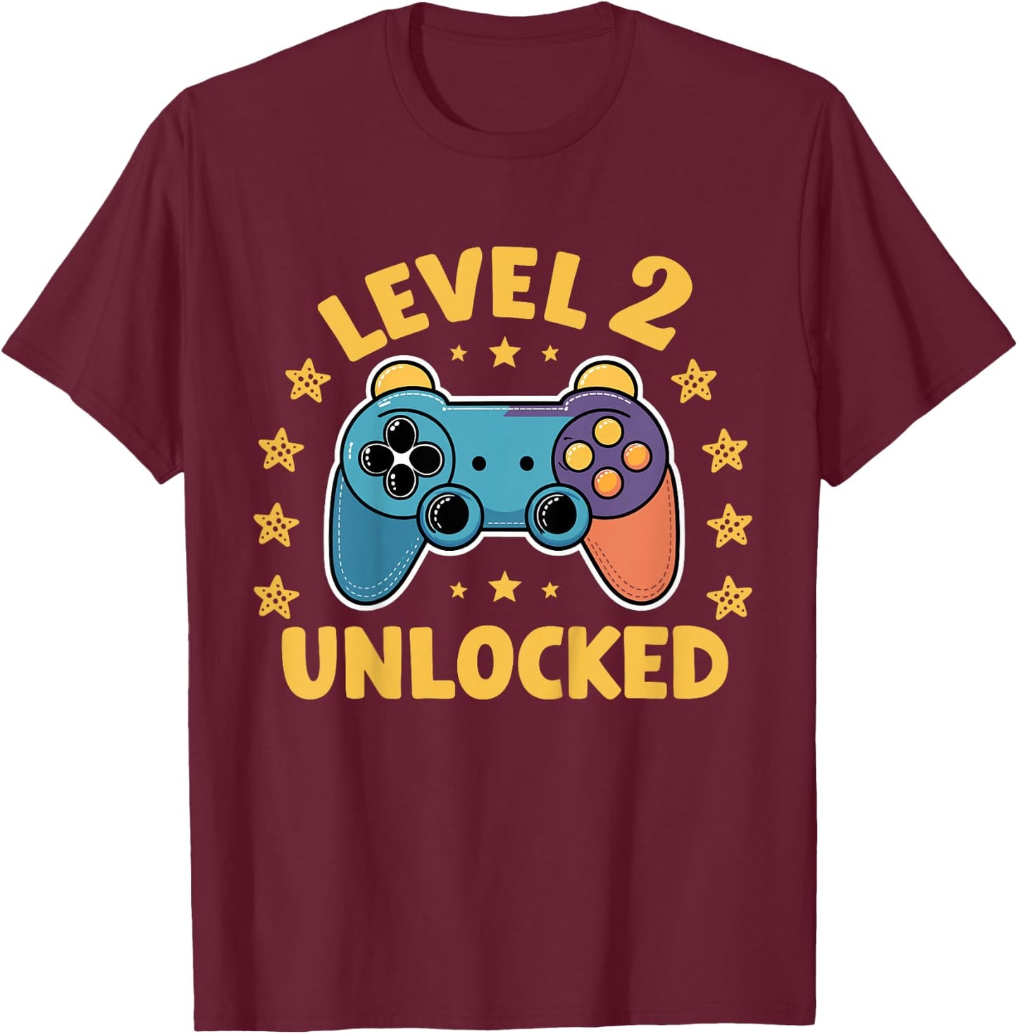 Kids Level 2 Unlocked Gamer 2 Years Old 2nd Birthday Gaming Kids T-Shirt - T-Shirt | Maroon