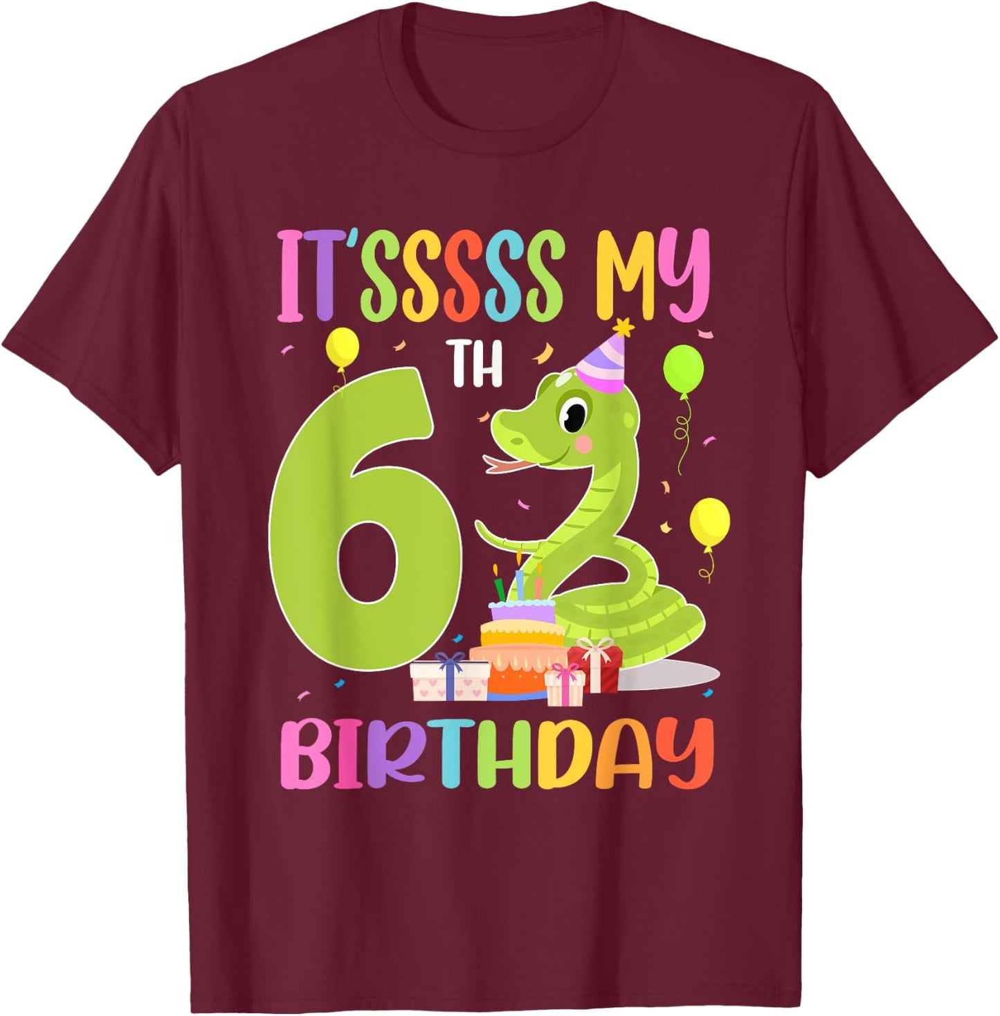 It's My 6th Birthday Snake 6 Years Old Birthday T-Shirt - T-Shirt | Maroon