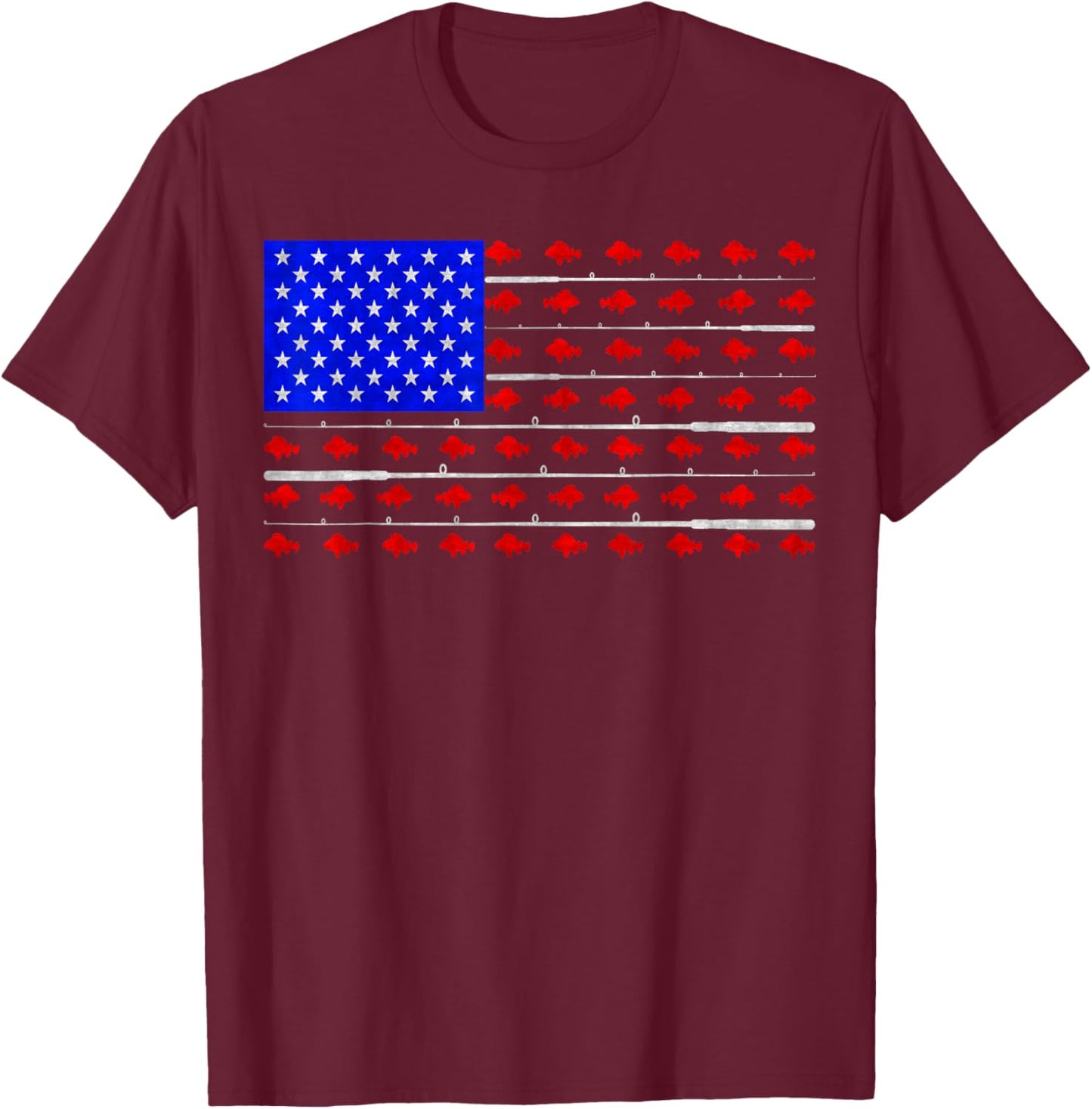 Vintage USA Flag Fishing, Fish And Rod, Fishing Lover T-Shirt - T-Shirt | Maroon
