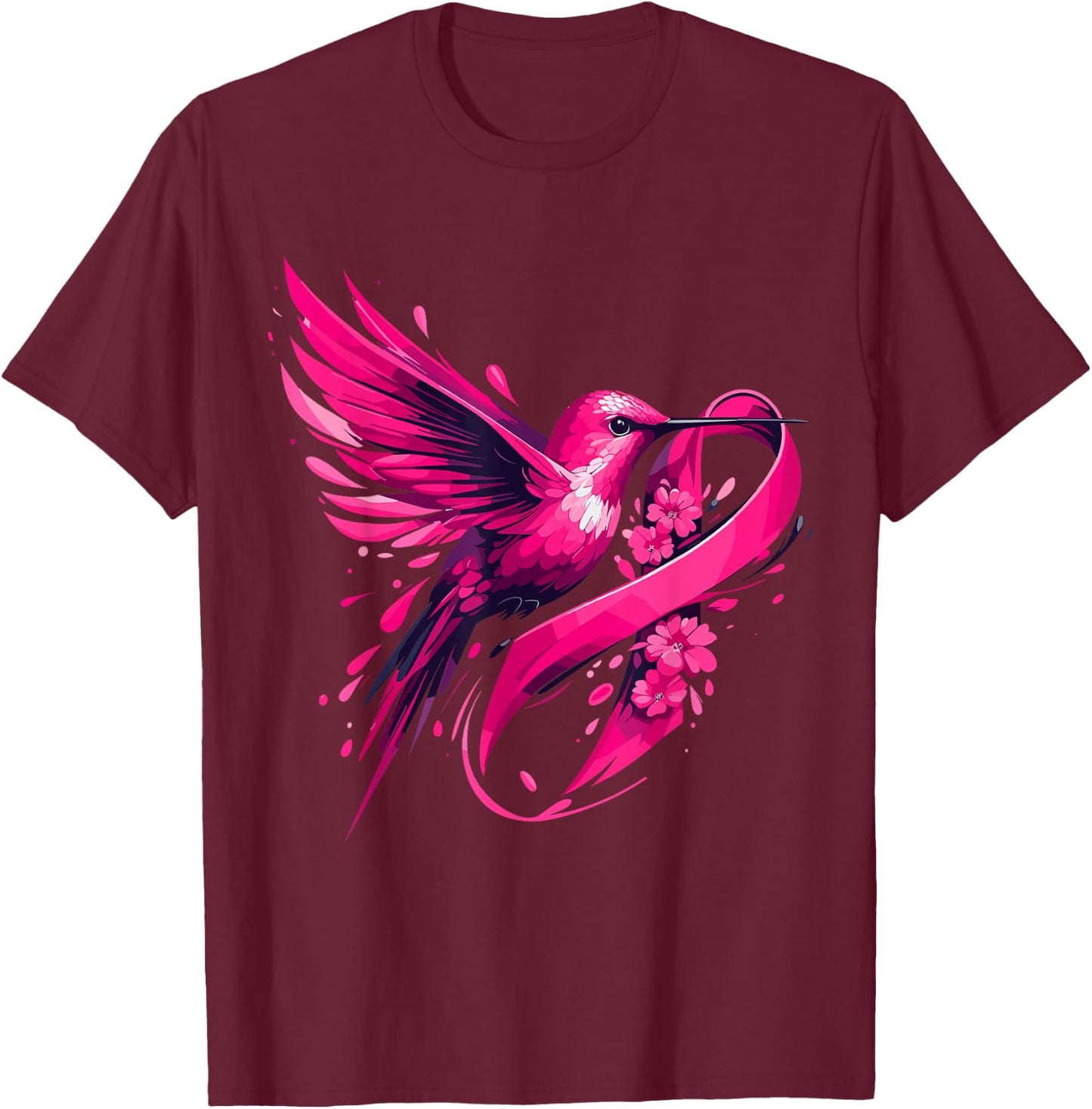 Hummingbird Flower Pink Ribbon Breast Cancer Awareness T-Shirt - T-Shirt | Maroon