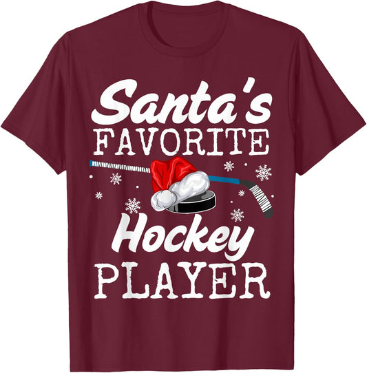 Santa's Hockey Player Christmas Pajamas Hockey Team Xmas Kid T-Shirt - T-Shirt | Maroon