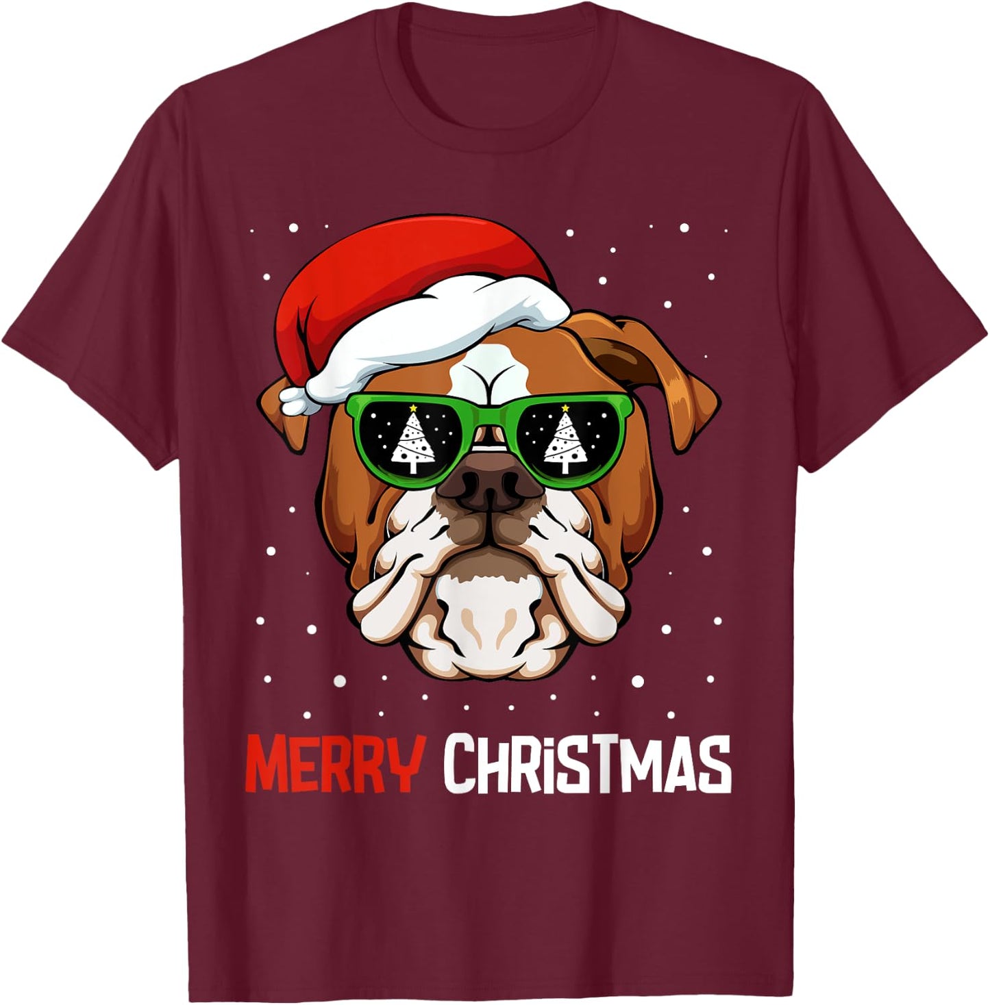 English Bulldog Santa Hat Christmas Pajama Dog X-Mas Tree T-Shirt - T-Shirt | Maroon