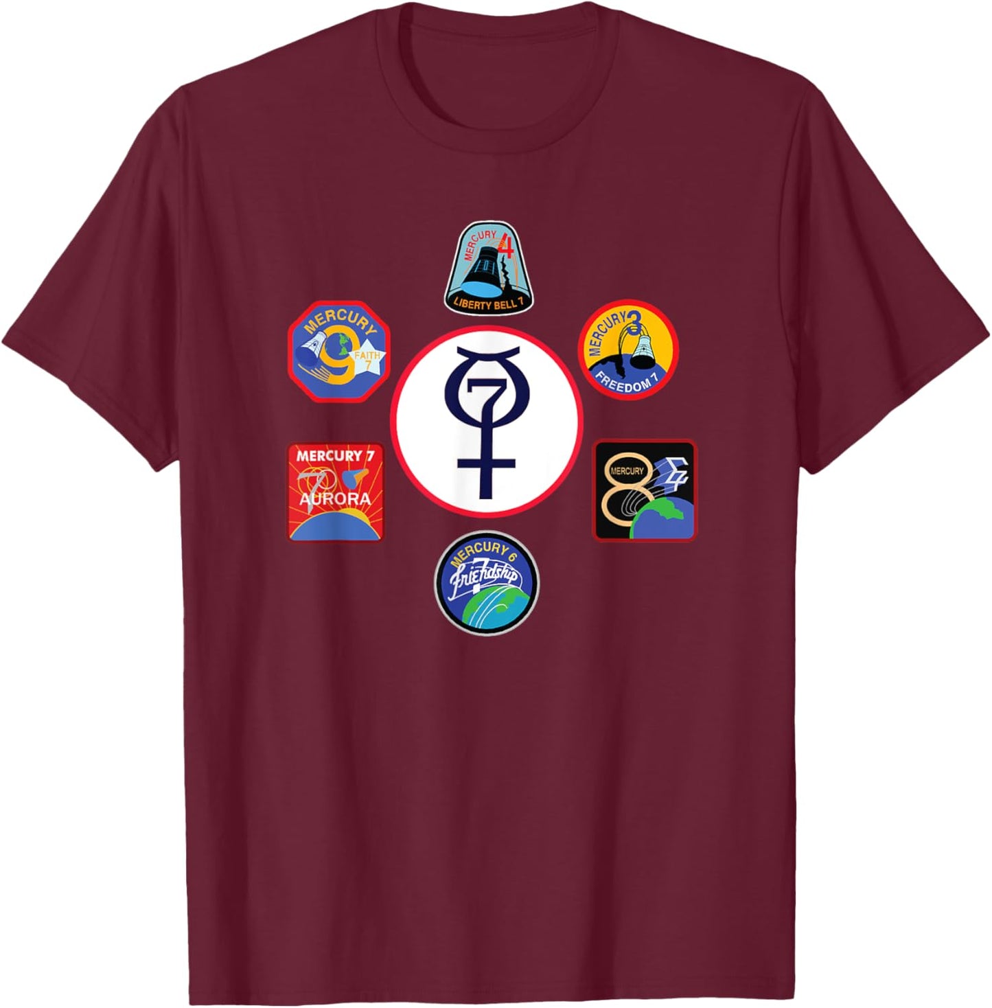 NASA Project Mercury Program Mission Crew Insignia T-Shirt - T-Shirt | Maroon
