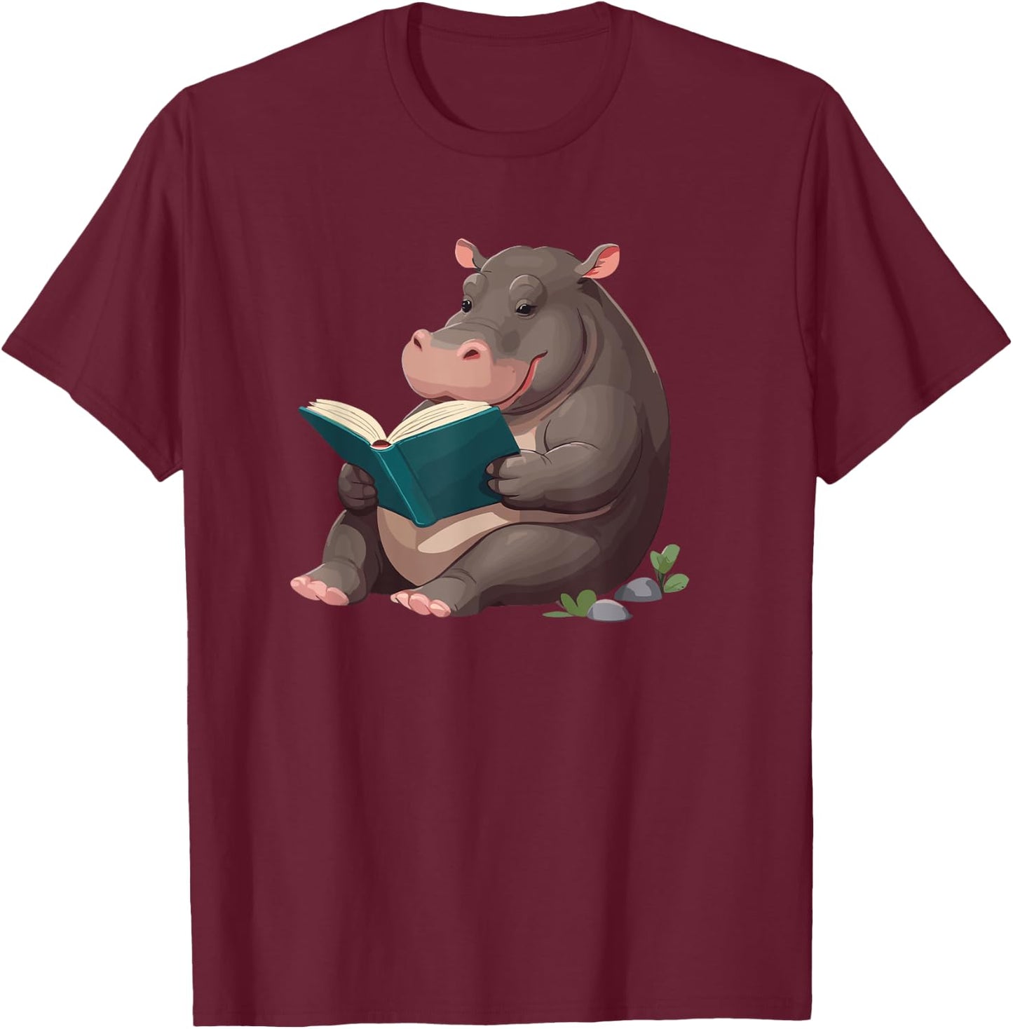 Hippopotamus is reading a Book, Reading Hippo T-Shirt - T-Shirt | Maroon