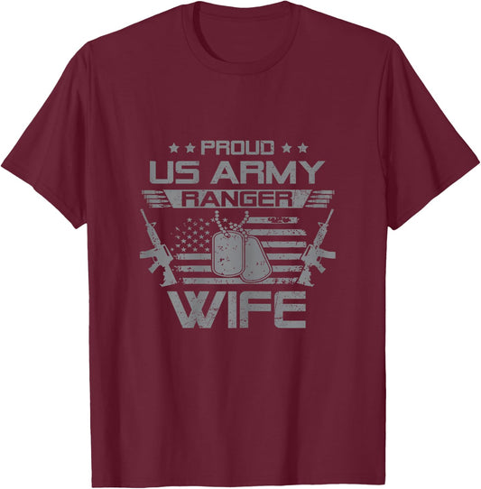 Proud US Army Ranger Wife Flag American USA Military Veteran T-Shirt - T-Shirt | Maroon