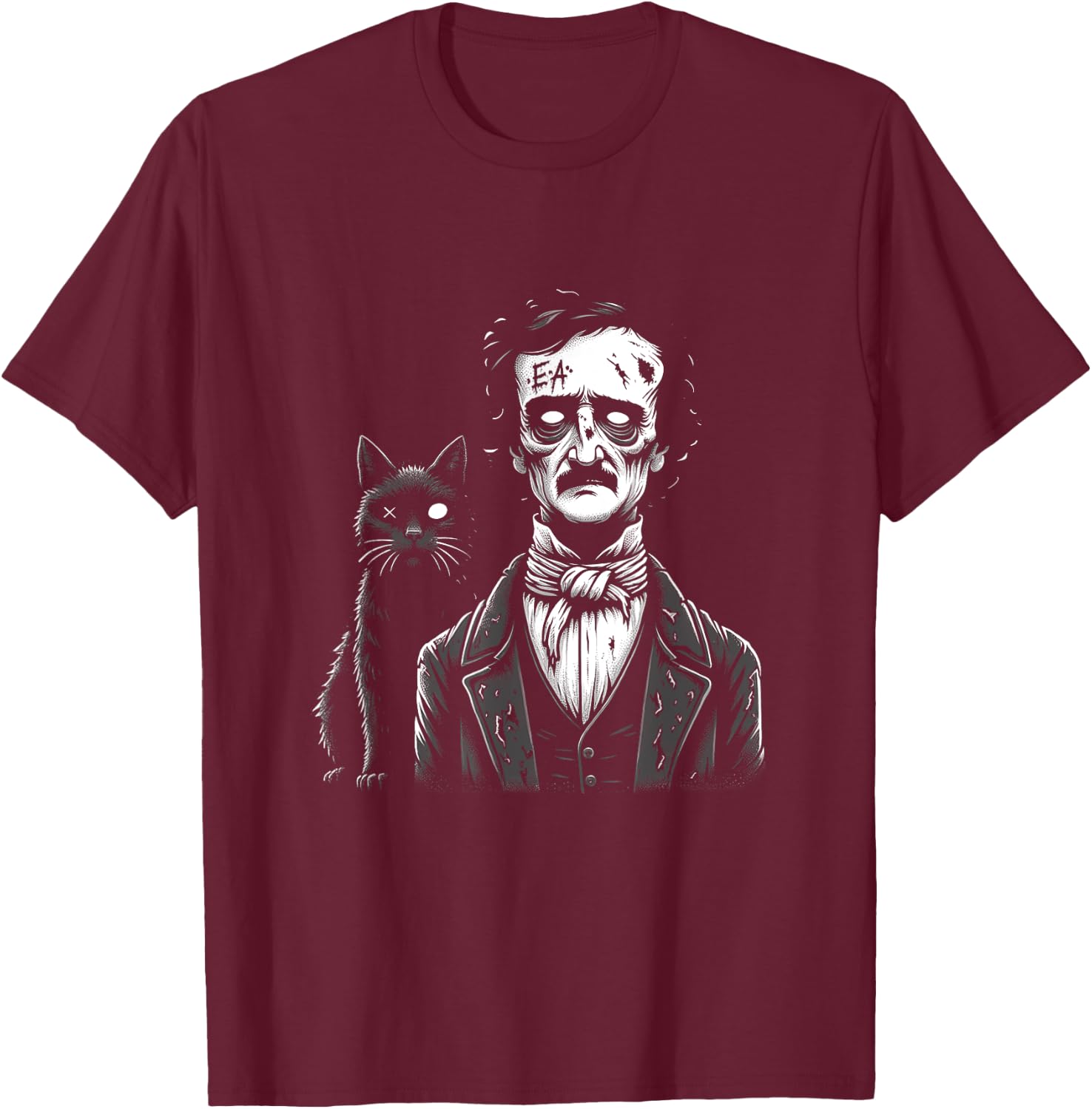 Zombie Edgar Allan Poe The Black Cat Halloween Fun Men Women T-Shirt - T-Shirt | Maroon