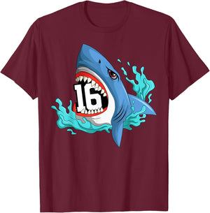 16 Shark Birthday Animal Themed Bday Party Celebration T-Shirt - T-Shirt | Maroon