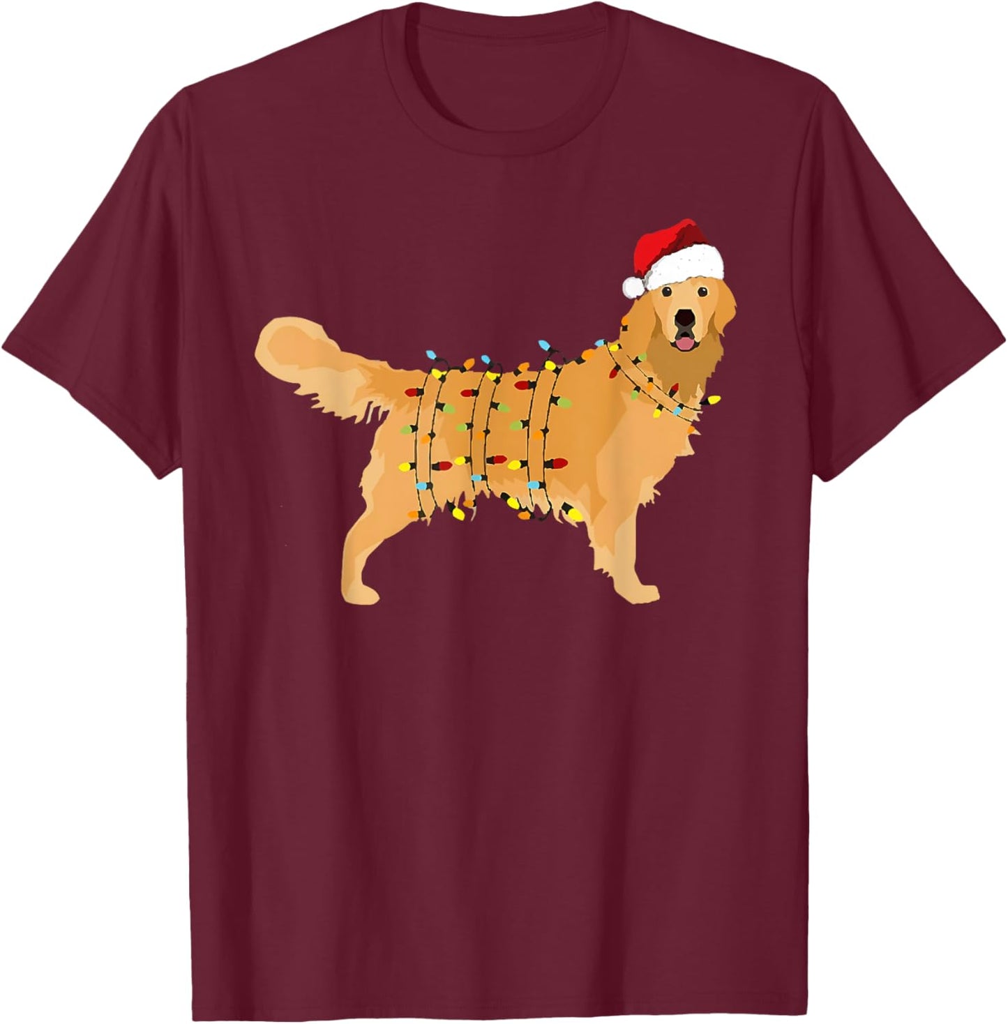 Dog Golden Retriever Santa Christmas Xmas Lights Pajamas Men Women Kids T-Shirt - T-Shirt | Maroon